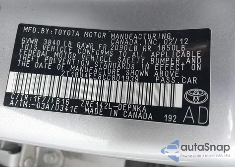 2012 Toyota Corolla Le из США, поврежденный, VIN 2T1BU4EE8CC801939